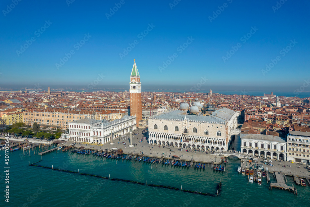 Aerial view of St Mark's square and city centre, Venice, Veneto, Italy, Europe.