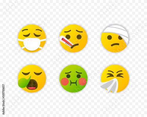 Emoji sick set. Emoticon Icons disease collection isolated. Vector illustration EPS 10