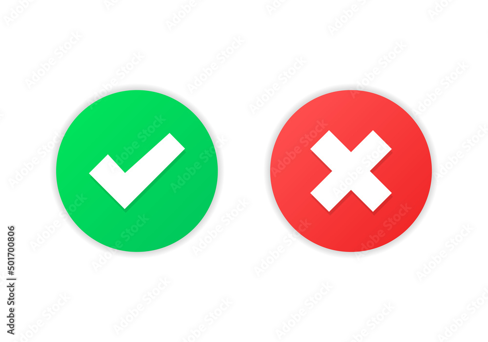 Tick and cross symbol with shadow. Green checkmark Approved and red Rejected icons isolated. Vector illustration EPS 10 Tick and cross symbol with shadow. Green checkmark Approved and red Rejected icons isolated. Vector illustration EPS 10