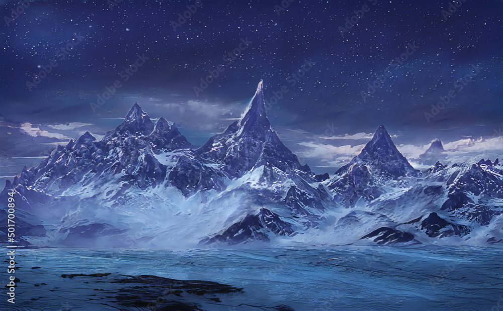 Fantastic Winter Epic Magical Landscape of Mountains. Celtic Medieval  forest. Frozen nature. Glacier in the mountains. Mystic Night Valley.  Artwork sketch. Gaming background. Book Cover and Poster. Stock  Illustration | Adobe Stock