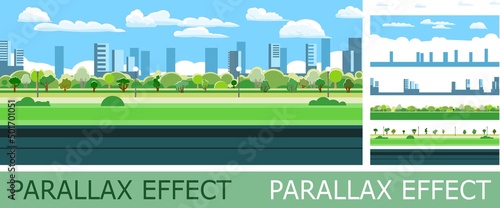 Good asphalt road with parallax effect. Park city area. Side view. Quality modern empty highway. Suburban intercity pathway. Background illustration. Vector
