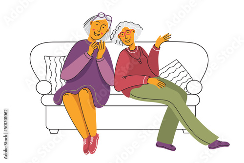 Two older women spend time together. Elderly friends talk