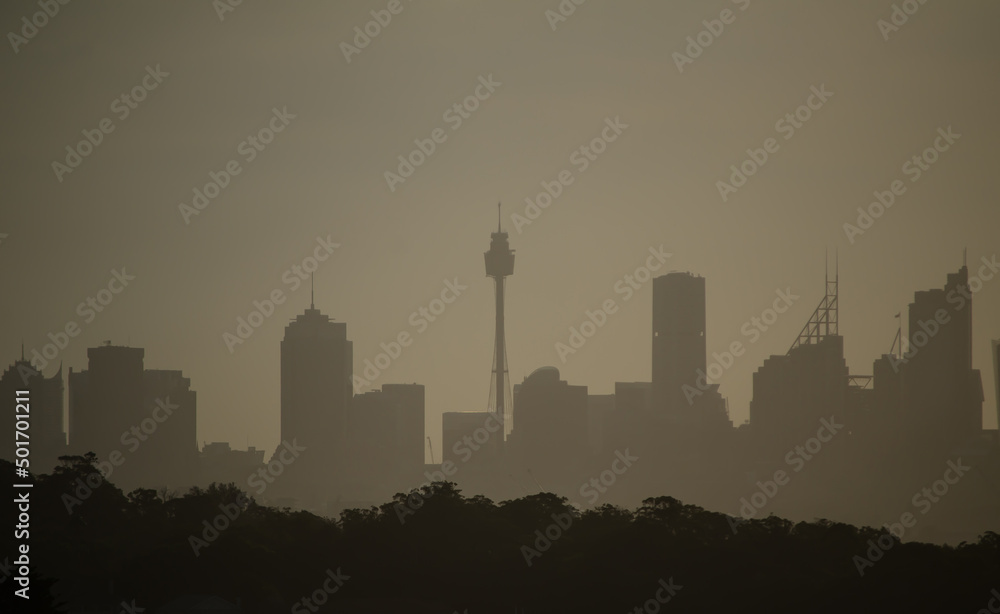 Naklejka premium Silhouette photography of Sydney Cityscape view at sunset time.
