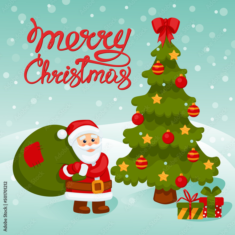 Christmas card. Santa Claus with a bag of gifts Christmas card. Santa Claus with a bag of gifts