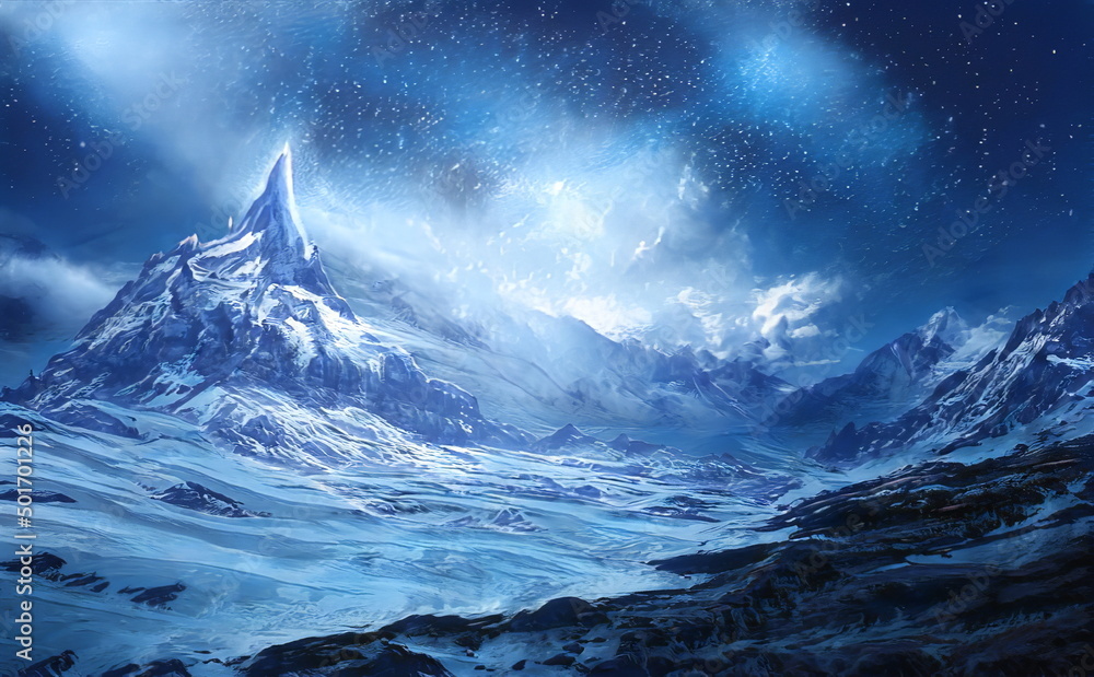 Fantastic Winter Epic Magical Landscape of Mountains. Celtic Medieval  forest. Frozen nature. Glacier in the mountains. Mystic Night Valley.  Artwork sketch. Gaming background. Book Cover and Poster. Stock  Illustration | Adobe Stock