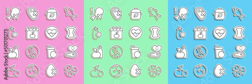 Set line Acorn, Steak meat, Leather, Vegan food diet, World Vegetarian day, Eggplant, No chicken leg and Heart rate icon. Vector