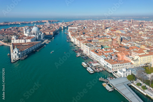 Aerial view of St Mark's square, Grand Canal and Dogana da Mar, Venice, Veneto, Italy, Europe.