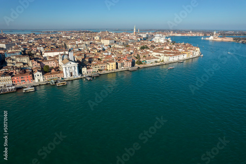 Aerial view of Dorsoduro and Canale della Giudecca, Venice, Veneto, Italy, Europe.
