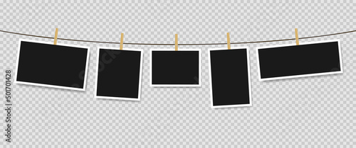 Photo frames hanging on rope isolated. Vector illustration EPS 10
