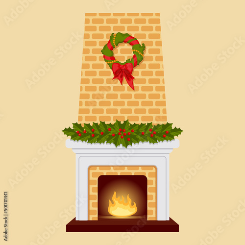 Fireplace with a burning fire and decorations