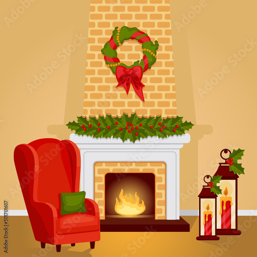 Fireplace with fire, wreath and armchair Christmas