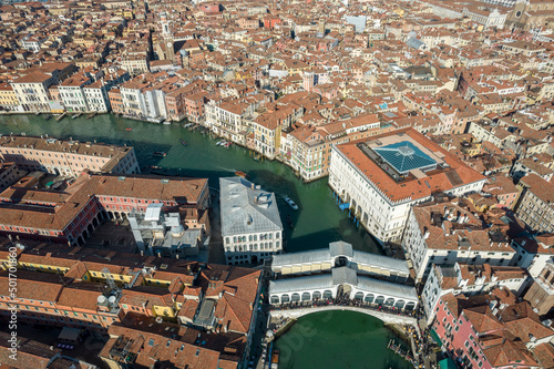 Italy, Veneto, Venice, Aerial view of Grand Canal and Rialto Bridge