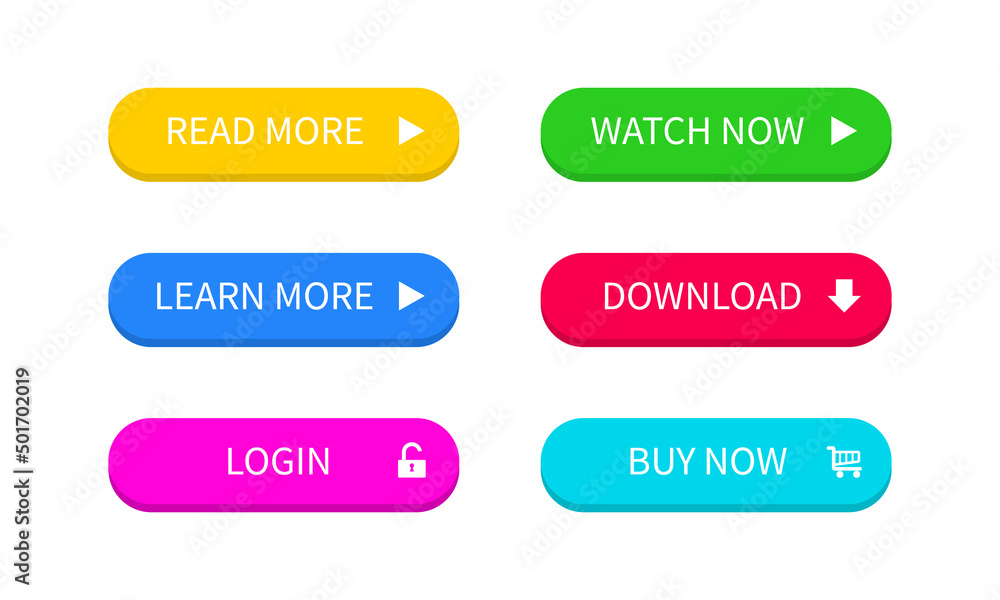 Ui buttons. Colored trendy flat button. Buy, now and learn, more. Download and read, more. Vector EPS 10 Ui buttons. Colored trendy flat button. Buy, now and learn, more. Download and read, more. Vector EPS 10