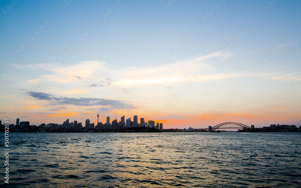 Silhouette of Sydney Cityscape view at sunset time.