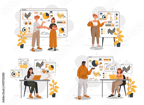 Set of business people characters. Cartoon vector illustration isolated on white. Communication technology corporate. Modern banner of business strategy. Innovation technology of teamwork.