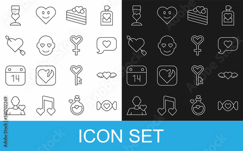 Set line Candy, Heart with wings, speech bubble, Wedding cake, Romantic man, Amour heart arrow, Glass of champagne and Female gender symbol icon. Vector