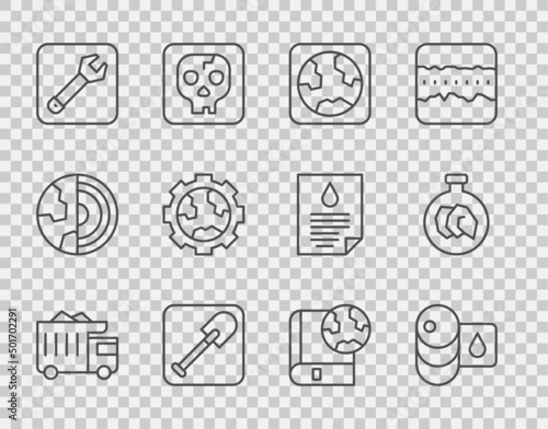 Set line Mining dump truck, Barrel oil, Earth globe, Shovel, Wrench spanner, Gear wheels and earth, book and Exhibition with minerals, rocks icon. Vector