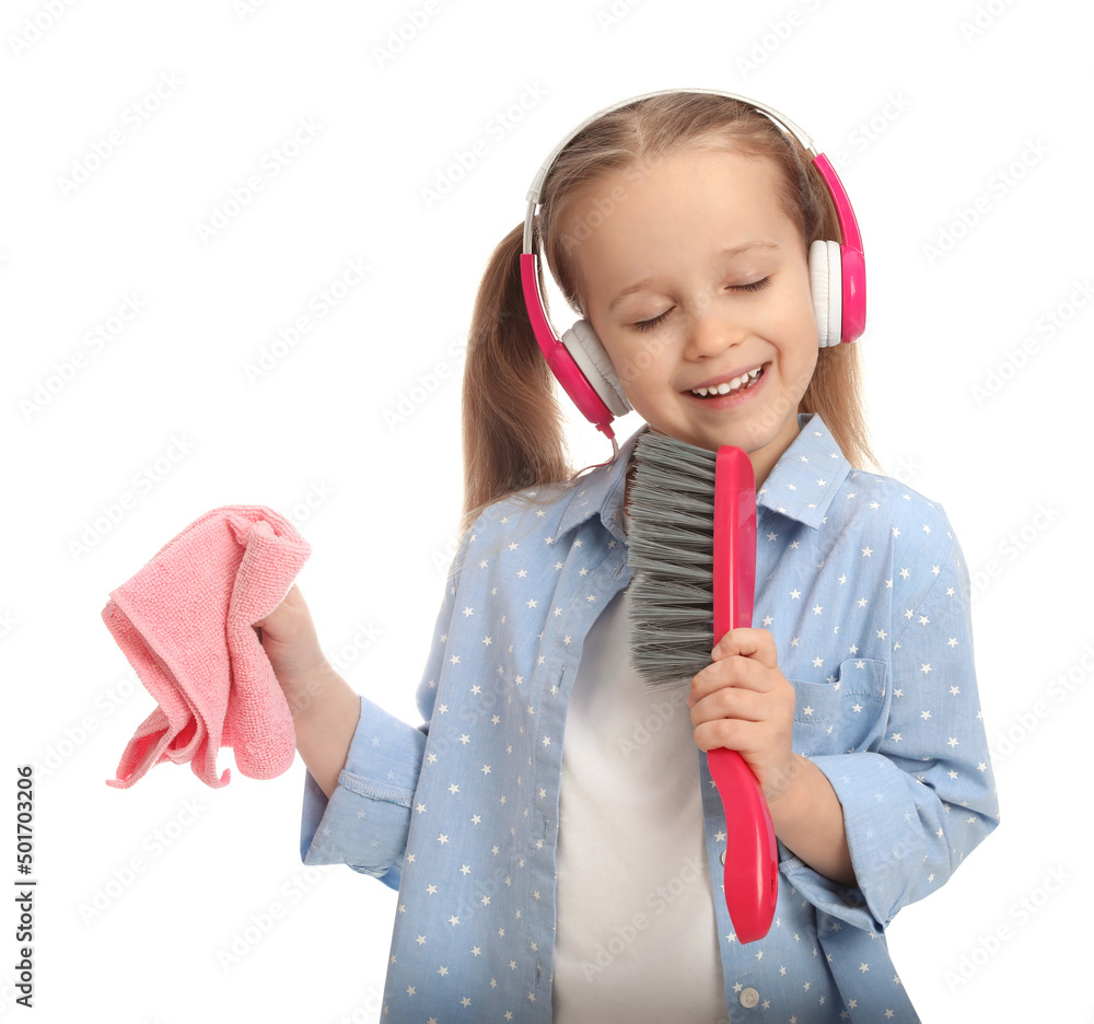 Cute little girl with brush and rag singing on white background Cute little girl with brush and rag singing on white background