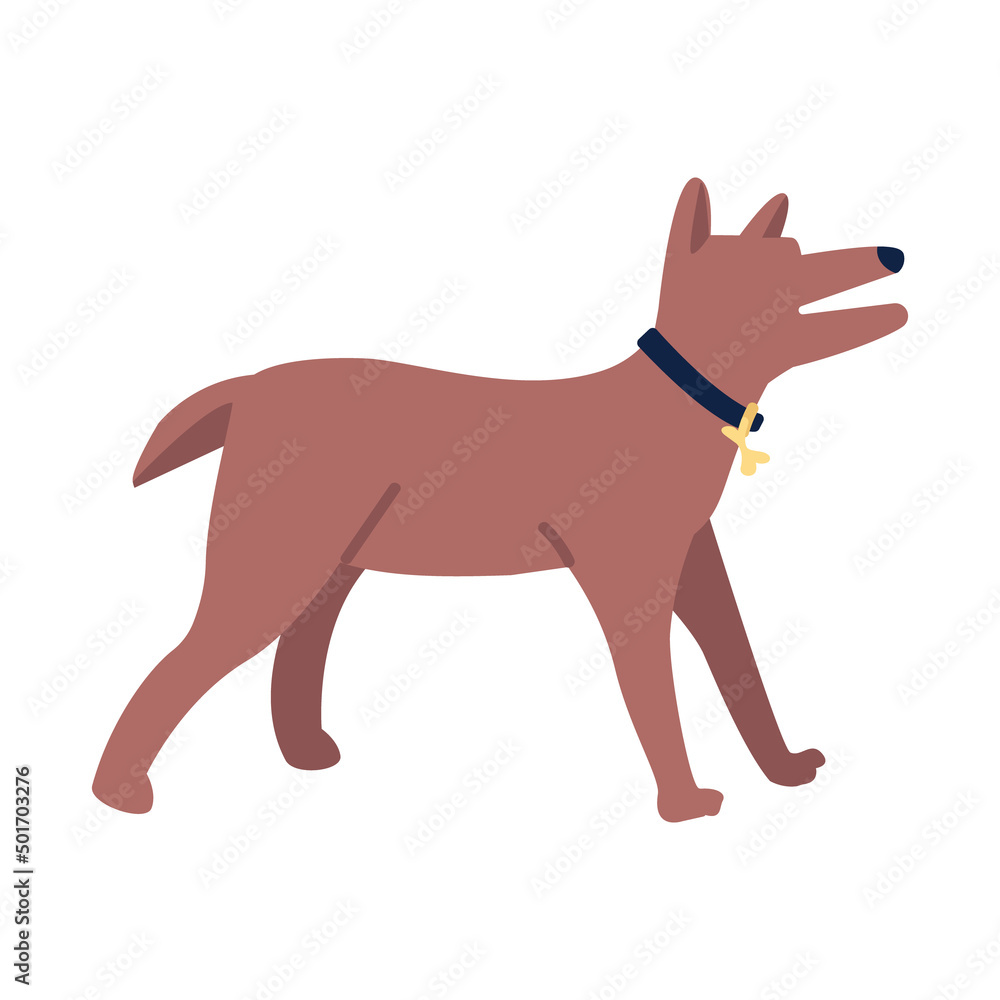 Barking dog with collar semi flat color vector character. Posing figure. Angry and scared pet. Full body animal on white. Simple cartoon style illustration for web graphic design and animation