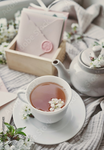 Letter, postcard congratulations background. Layout, top view, wedding invitation. Happy birthday! Mother's day, spring card. Tea set and cup