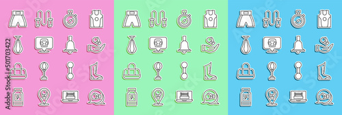 Set line Boxing glove, Sport boxing shoes, Stopwatch, helmet, Punching bag, short and bell icon. Vector