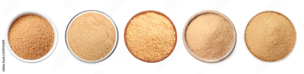 Bowls of brown sugar on white background, top view. Banner design Bowls of brown sugar on white background, top view. Banner design