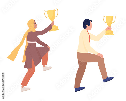 People with golden trophy prize semi flat color vector character set. Climbing figures. Full body people on white. Simple cartoon style illustration collection for web graphic design and animation
