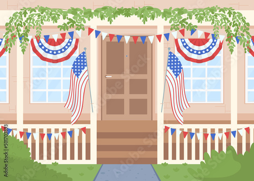 House decorated for Independence day flat color vector illustration. July fourth holiday preparation. Patriotism 2D simple cartoon building exterior with festive decor on background