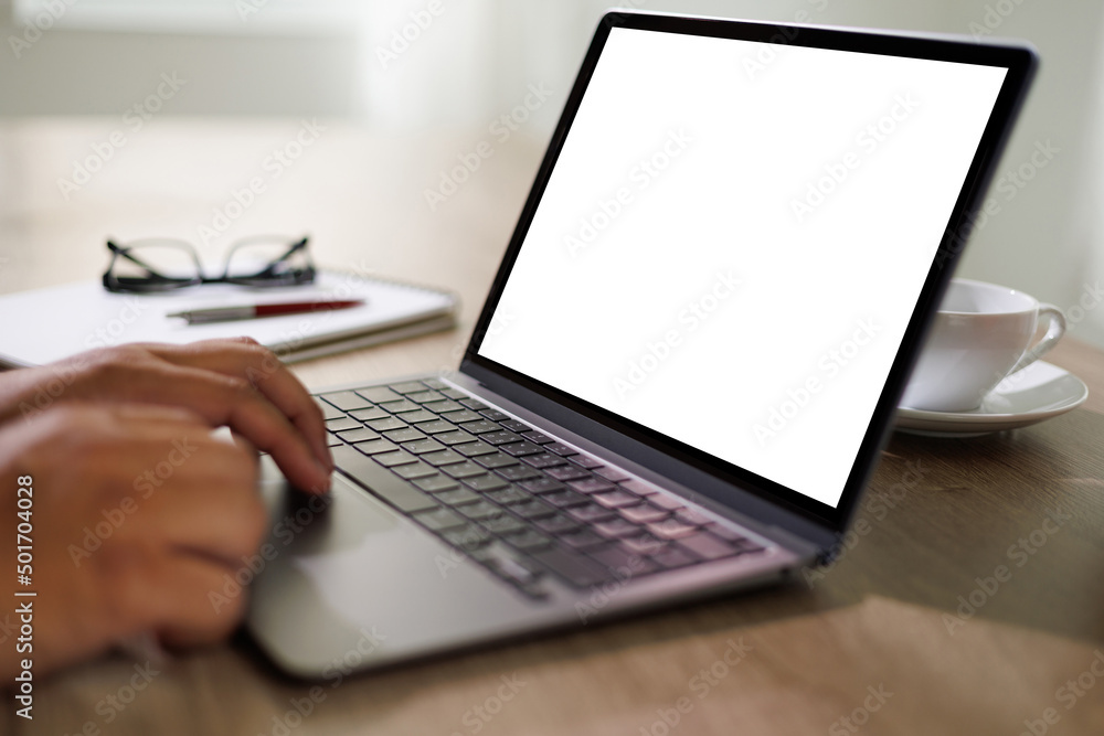 mockup blank screen computer man using laptop on desk in office laptop with blank copy space screen for your advertising text message mockup blank screen computer man using laptop on desk in office laptop with blank copy space screen for your advertising text message