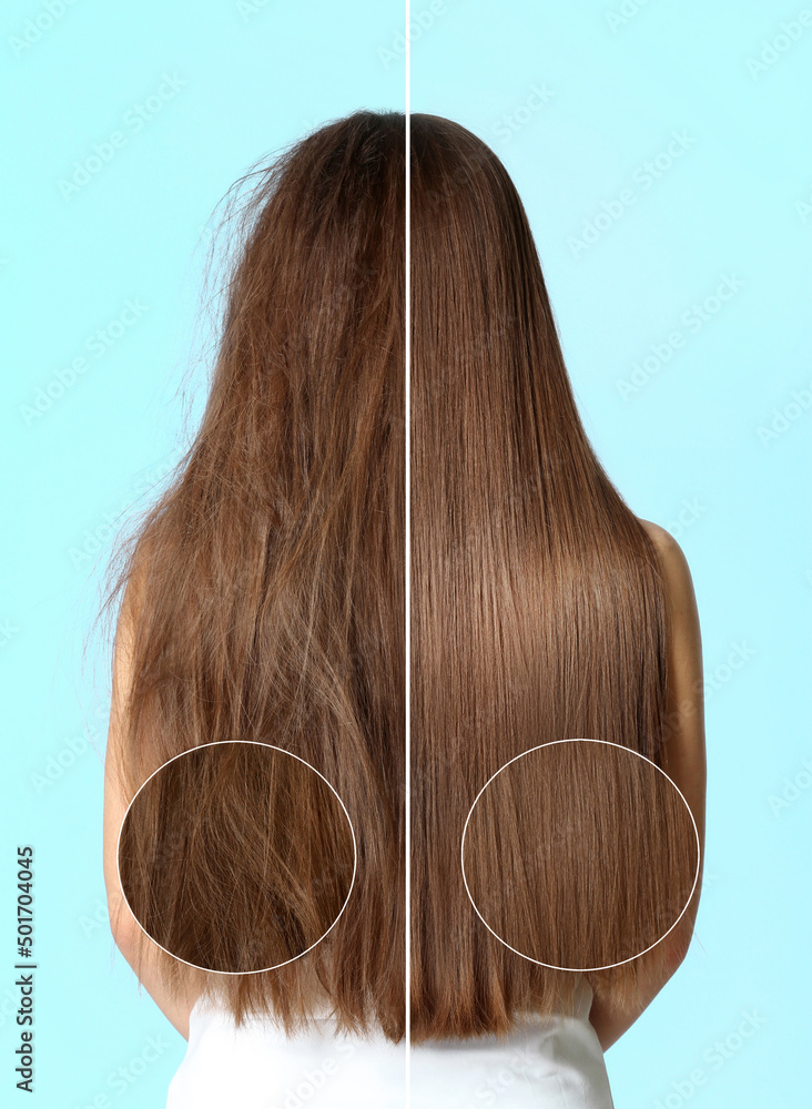 Woman before and after washing hair with moisturizing shampoo on turquoise background, collage