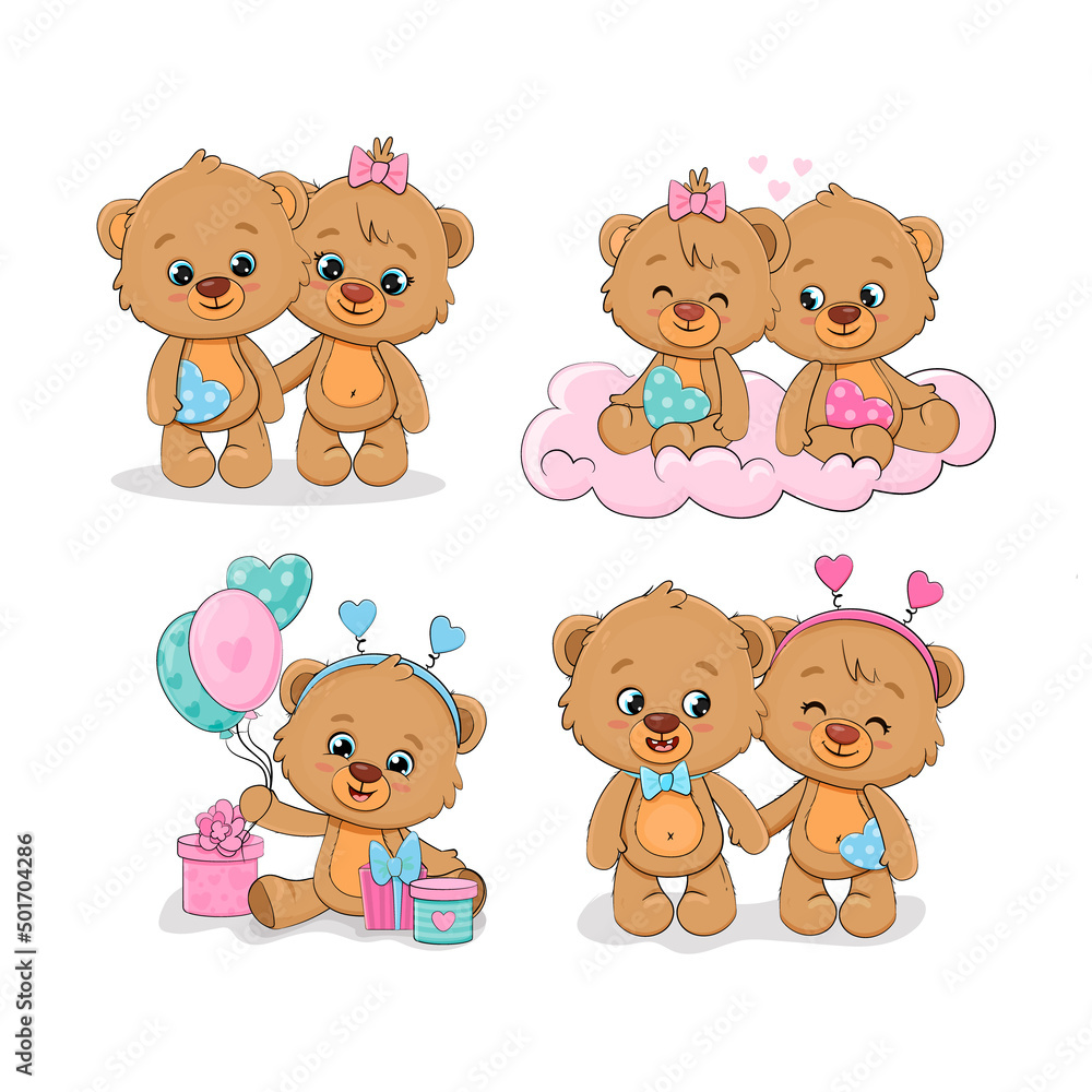 Set of cute cartoon teddy bear in different poses on white background. Love. Couple,Valentines day. Set of cute cartoon teddy bear in different poses on white background. Love. Couple,Valentines day.
