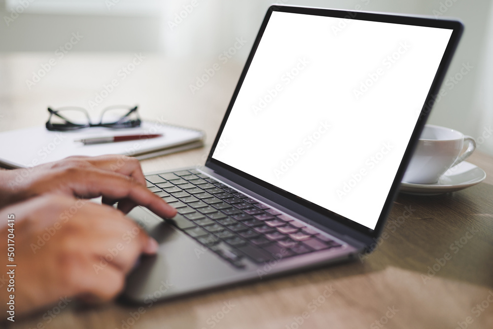 mockup blank screen computer man using laptop on desk in office laptop with blank copy space screen for your advertising text message mockup blank screen computer man using laptop on desk in office laptop with blank copy space screen for your advertising text message