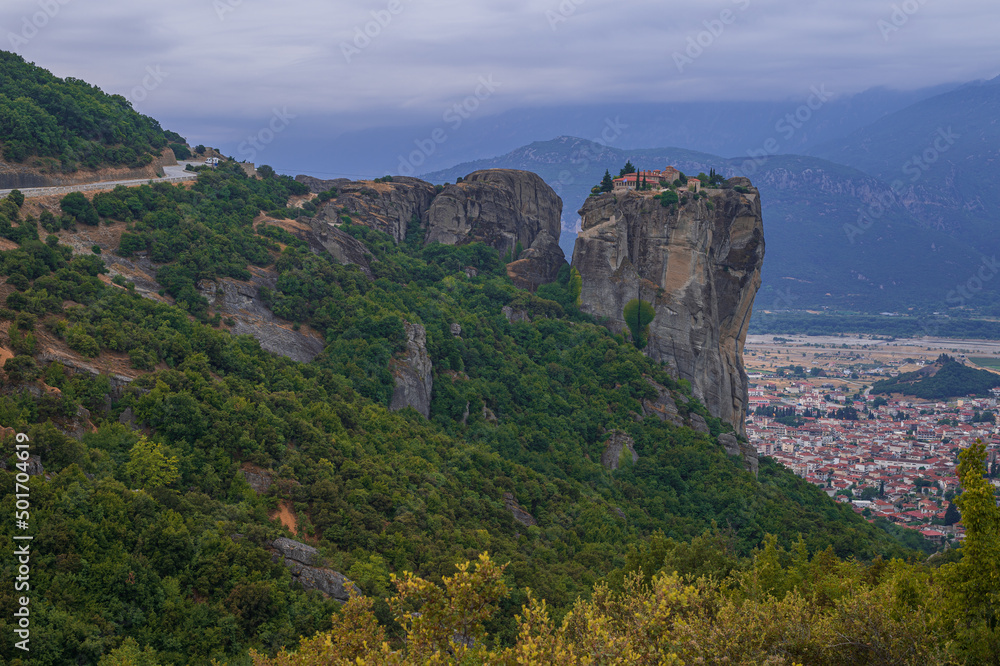 View of Kalambaka and Agia Triada Monastery from Meteora, Greece
