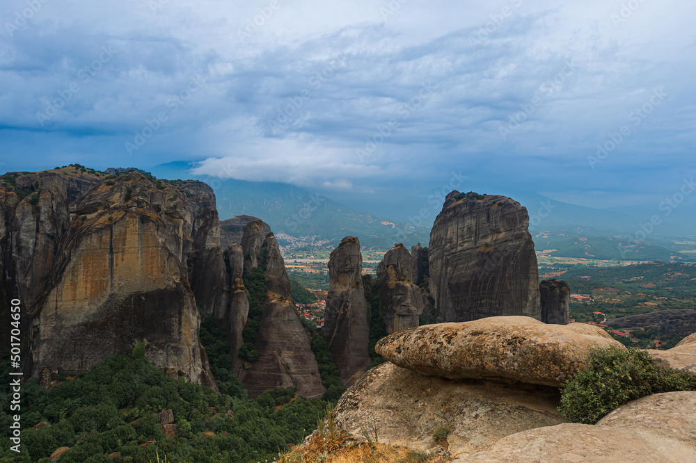 View of the Thessalian valley with mountains and rocks, Meteora, Greece