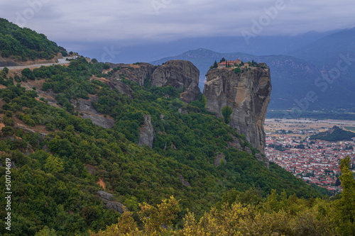 View of Kalambaka and Agia Triada Monastery from Meteora, Greece