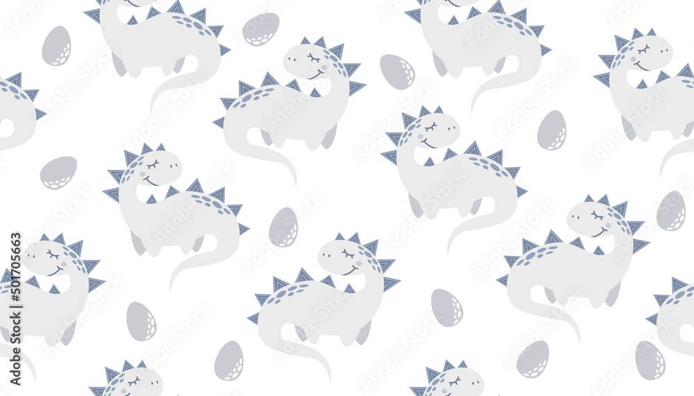 Delicate vector seamless pattern. Cute dinosaurs, egg. Pattern for baby clothes, textiles, diapers and fabrics.