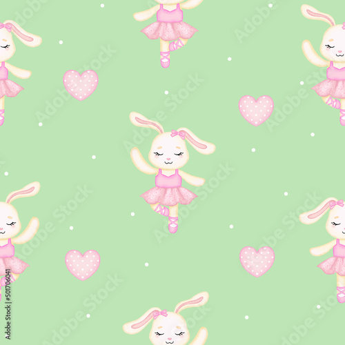 Cute ballerina bunny seamless pattern. Watercolor style vector