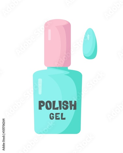 Turquoise nail polish with pink lid. Bottle with the inscription polish gel. Vector illustration in flat style.