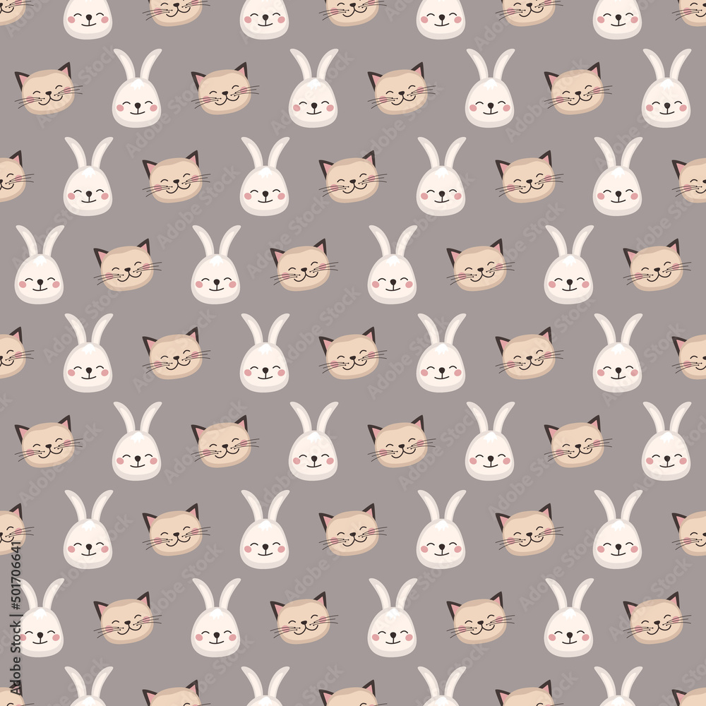 Obraz premium Cute seamless print with Head of rabbit and cat with smile muzzle and eyes. Print of funny hare and kitty with happy face. Vector flat illustration for holidays, children decoration