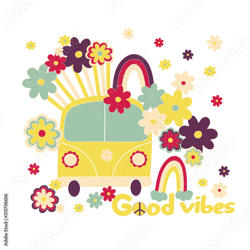 Retro hippie illustration. Funny good vibes slogan with rainbow, car and daisy. Vector hand drawn set for print, posrets and stickers