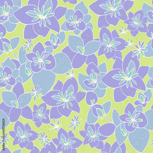 Purple Lilac flowers on honeydew color background. Seanless vector pattern with hand drawn blooming floral motives.