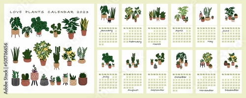 Calendar with plants 2023. Trendy Cute house plants in flowerpots. Minimalistic design. Decor for home and office interior. Nature Botany vector Illustration Flat style. Square format.