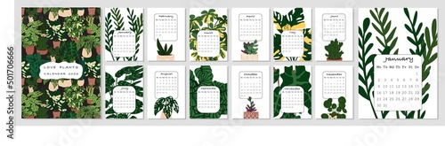 Calendar with trandy hand drawn plants 2023. Love plants concept. Decor for home and office interior. Flat style in vector illustration. A3 format. Seamless pattern inside.