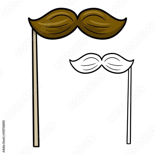 Cartoon mustache for parties and practical jokes, mustache on a stick, fake funny mustache. Vector cartoon illustration