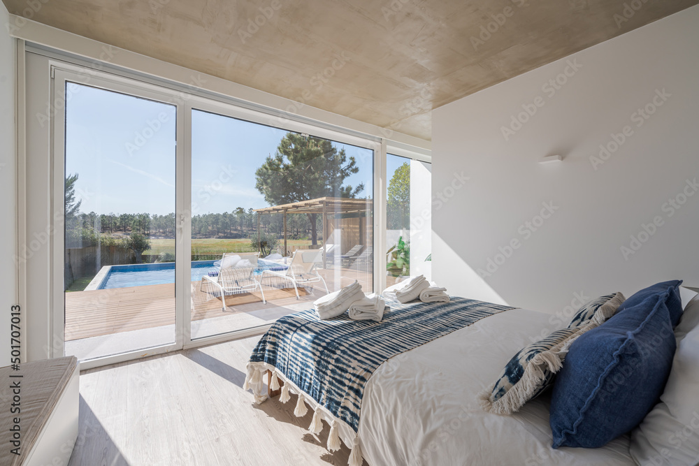 Modern villa with pool and deck with interior Stock Photo | Adobe Stock