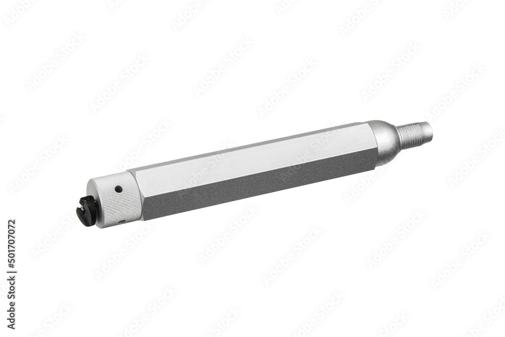 Cylinder converter for two 12 gram co2 canisters. Device for firing from a pneumatic weapon. Soda Chargers with carbon dioxide for making gas in water, isolated on a white back Cylinder converter for two 12 gram co2 canisters. Device for firing from a pneumatic weapon. Soda Chargers with carbon dioxide for making gas in water, isolated on a white back