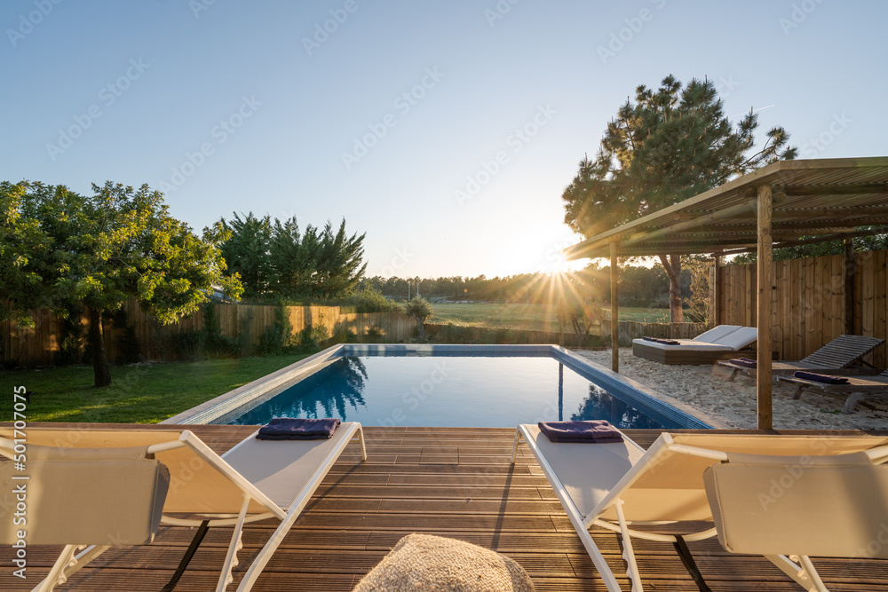 Modern villa with pool and deck with interior - obrazy, fototapety, plakaty 