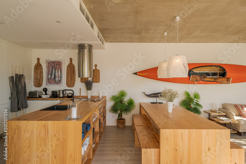 Modern villa with pool and deck with interior