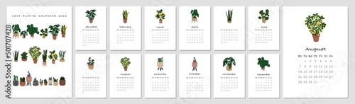 Calendar with plants 2023. Trendy Cute house plants in flowerpots. Minimalistic design. Decor for home and office interior. Flat style in vector illustration. A3 format. Isolated elements.