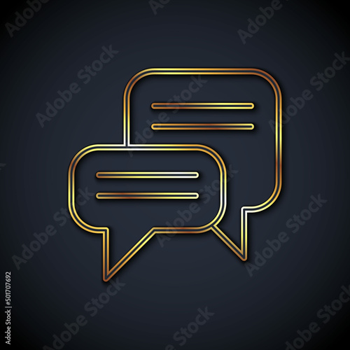 Gold line Speech bubble chat icon isolated on black background. Message icon. Communication or comment chat symbol. Vector